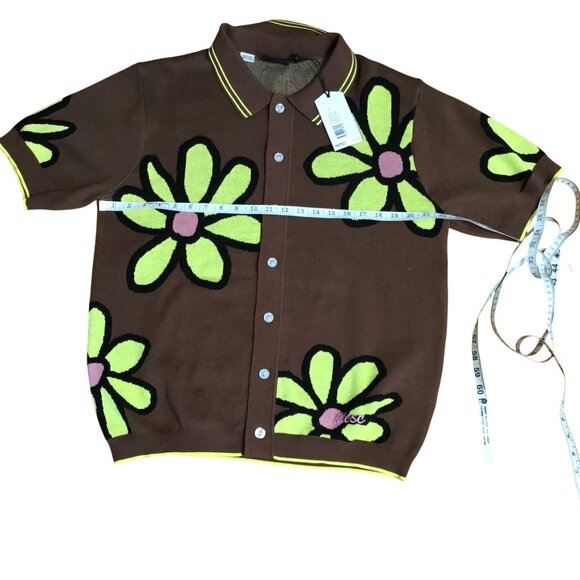 WESC Oversized Women Polo Collar Daisy Cardigan Shirt Brown Green Flowers XL NWT - Picture 5 of 10